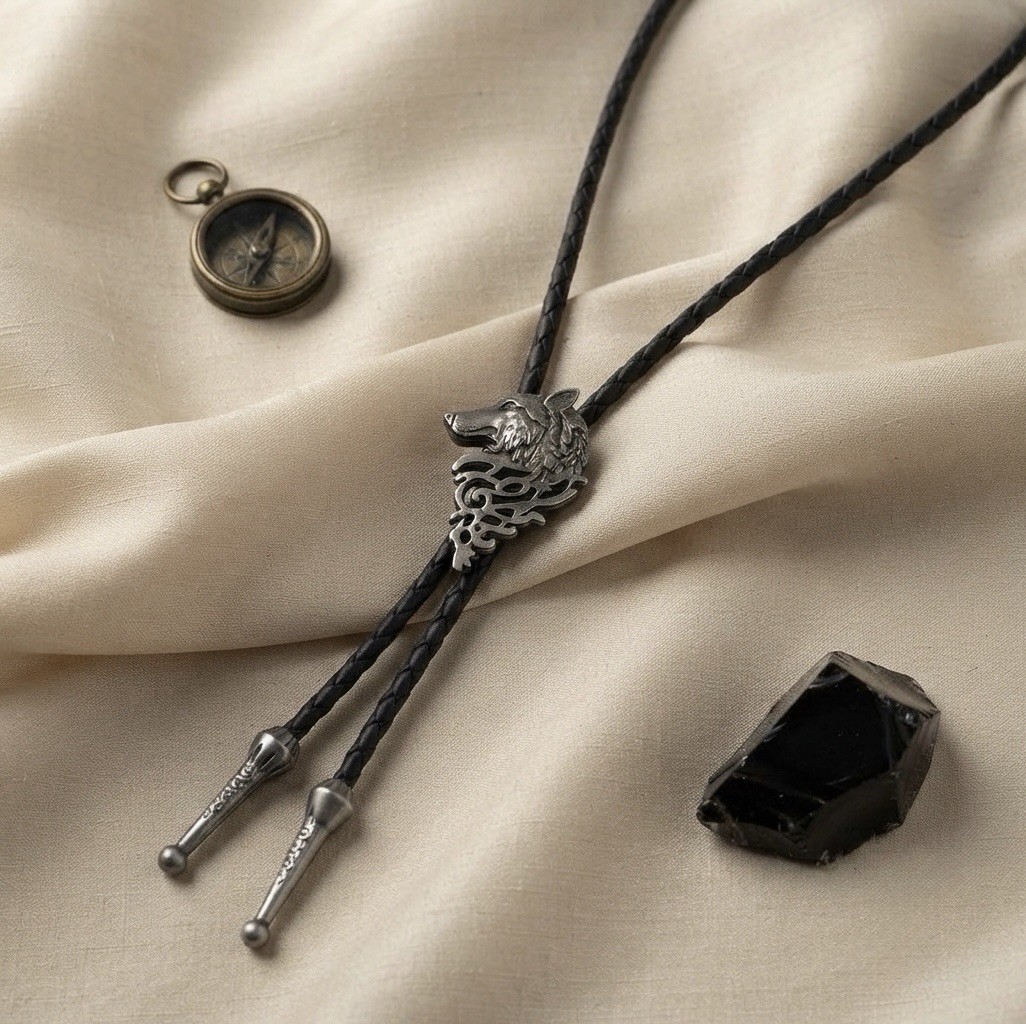 Western Bolo Tie Black Leather Cord Adjustable Silver Tone Slide Tips