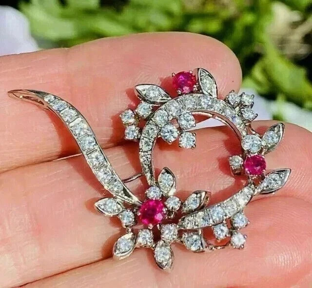 3.2CT Round Cut Lab Created Pink Ruby Women’s Brooch Pin 14K White Gold Finish