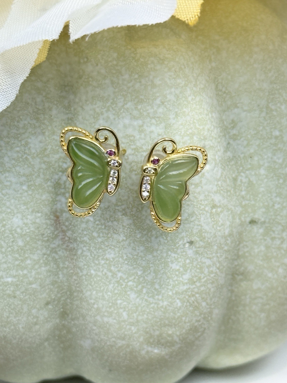 Hetian Jade Green Butterfly S925 Earrings 9.3/14.2MM