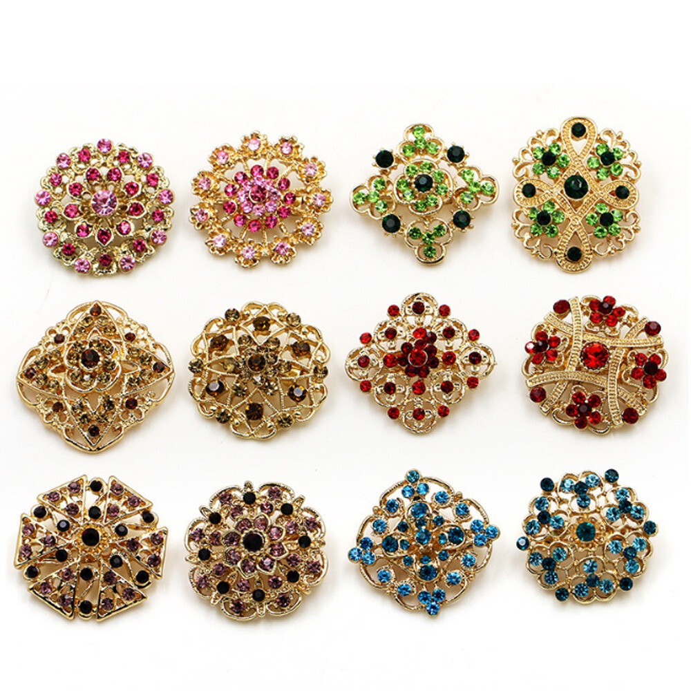 Lot 24 pc Mixed Vintage Style Golden Rhinestone Crystal Brooch Pin DIY Bouquet