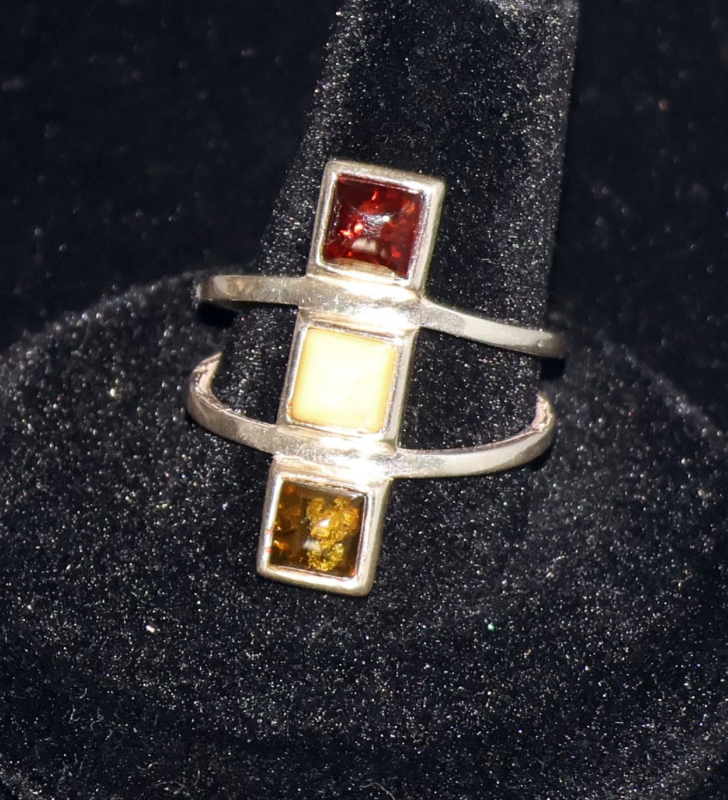 Vintage Tricolor Baltic Amber 925 Sterling Silver Split Band Ring Size 8 3.8g