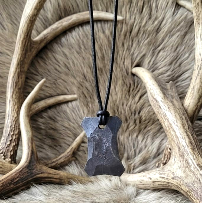 Hand Forged Iron Steel Viking Pendant Amulet Hammered with Genuine Leather Cord