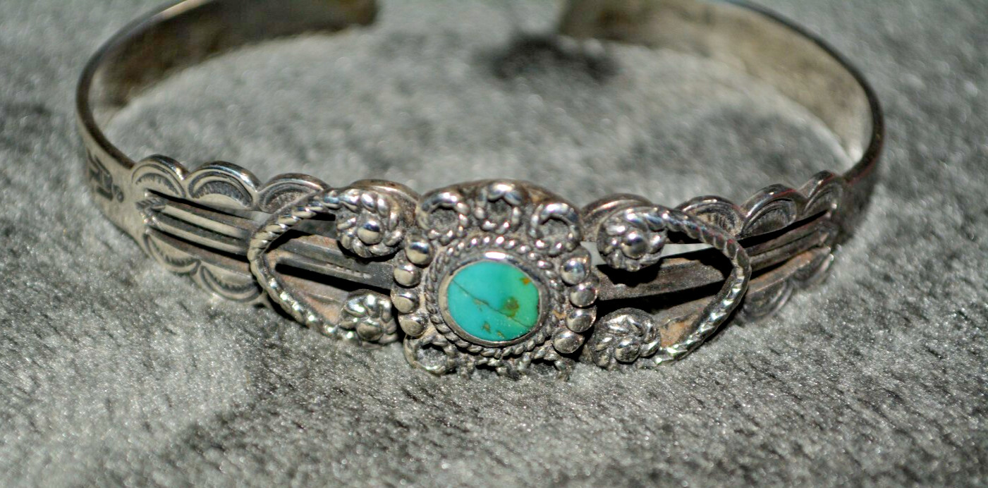 Vintage Fred Harvey Sterling Silver Turquoise Child Small Adult Cuff Bracelet