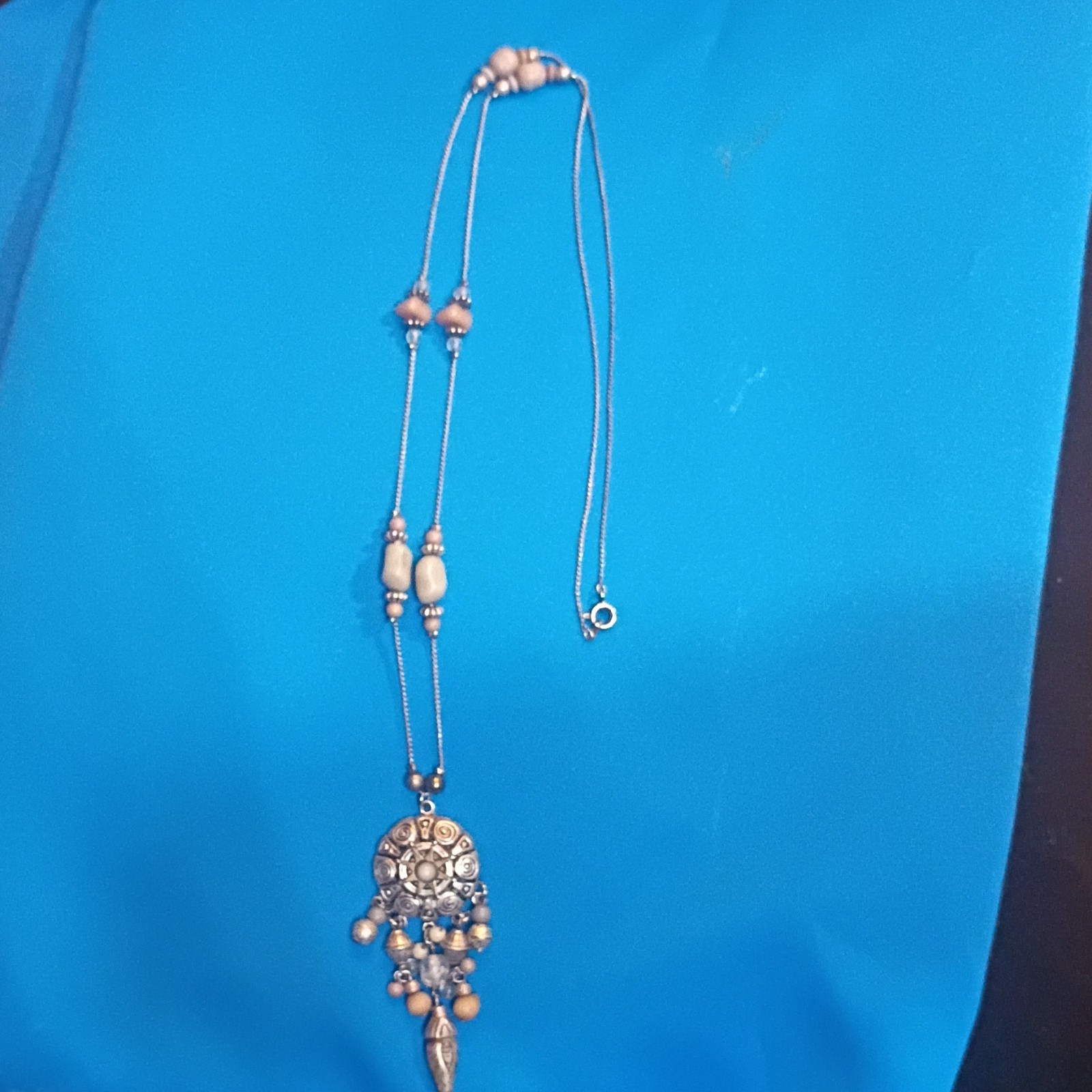 Gold Tone Snake Chain Beaded Round Charm Pendant Necklace Spring Ring Boho