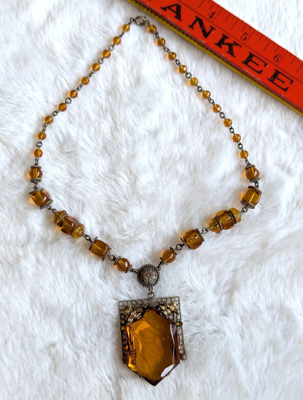 Antique Czech Amber Glass and Brass Necklace Brass Filigree Pendant
