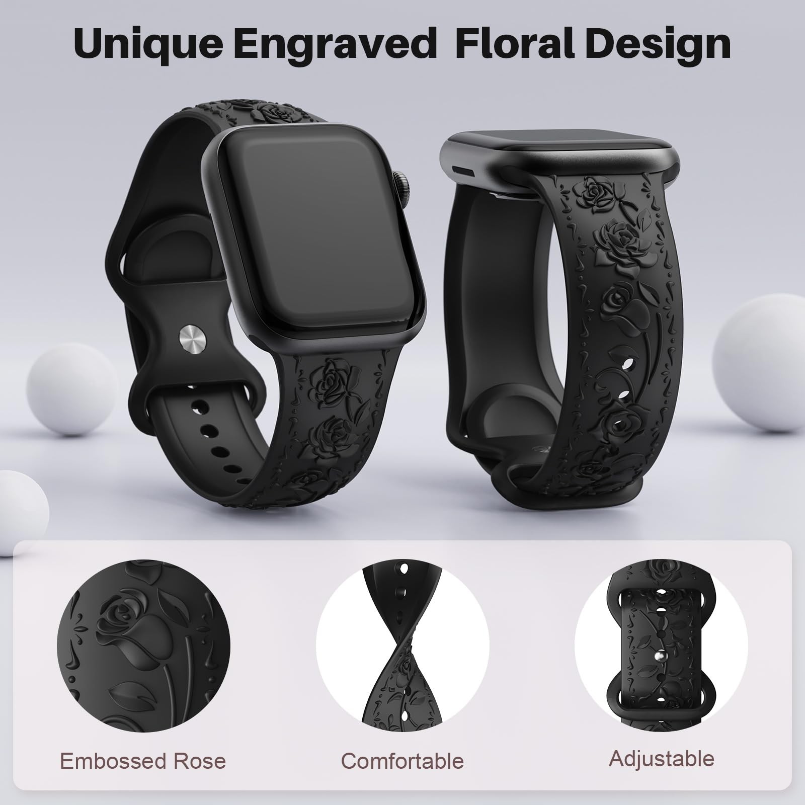 Floral Engraved Band Compatible 38mm/40mm/41mm/42mm [Series 10 11], A-Black