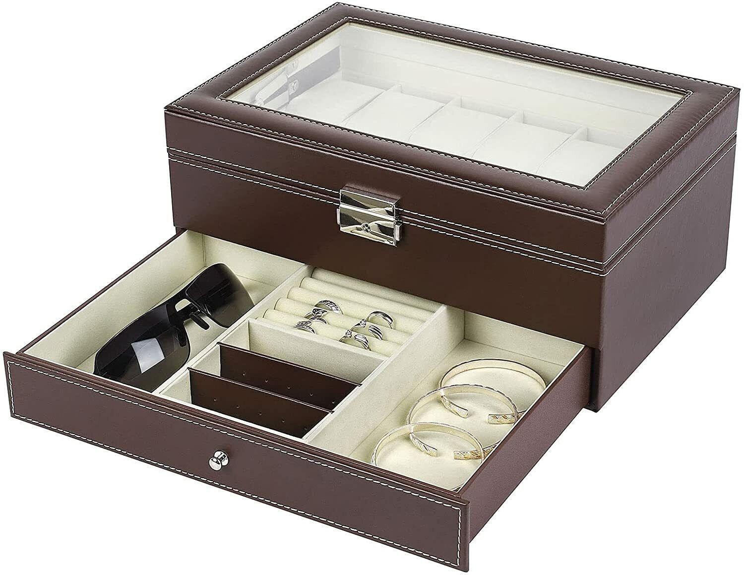 12 Slot PU Leather Lockable Watch Storage Boxes Men Jewelry Display Drawer Case