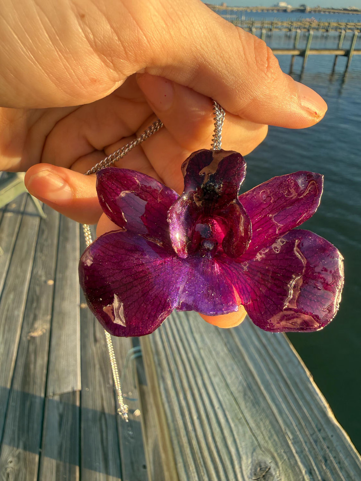 Real Violet Orchid Resin Necklace | Preserved Flower Pendant | Stainless Steel C
