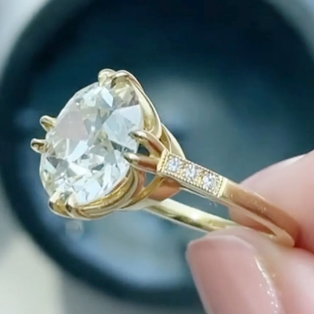 3.17 TCW Old Mine Round Cut Moissanite Engagement Ring 14k Yellow Gold Plated
