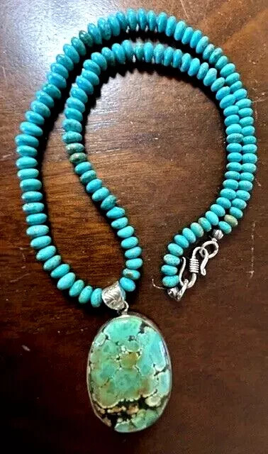Artisan Crafted Natural Persian Turquoise Sterling Silver Necklace 23″ Long