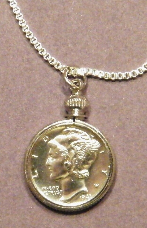 Coin Pendant Silver VINTAGE MERCURY DIME Bezel Sterling Silver Plated 18” Chain
