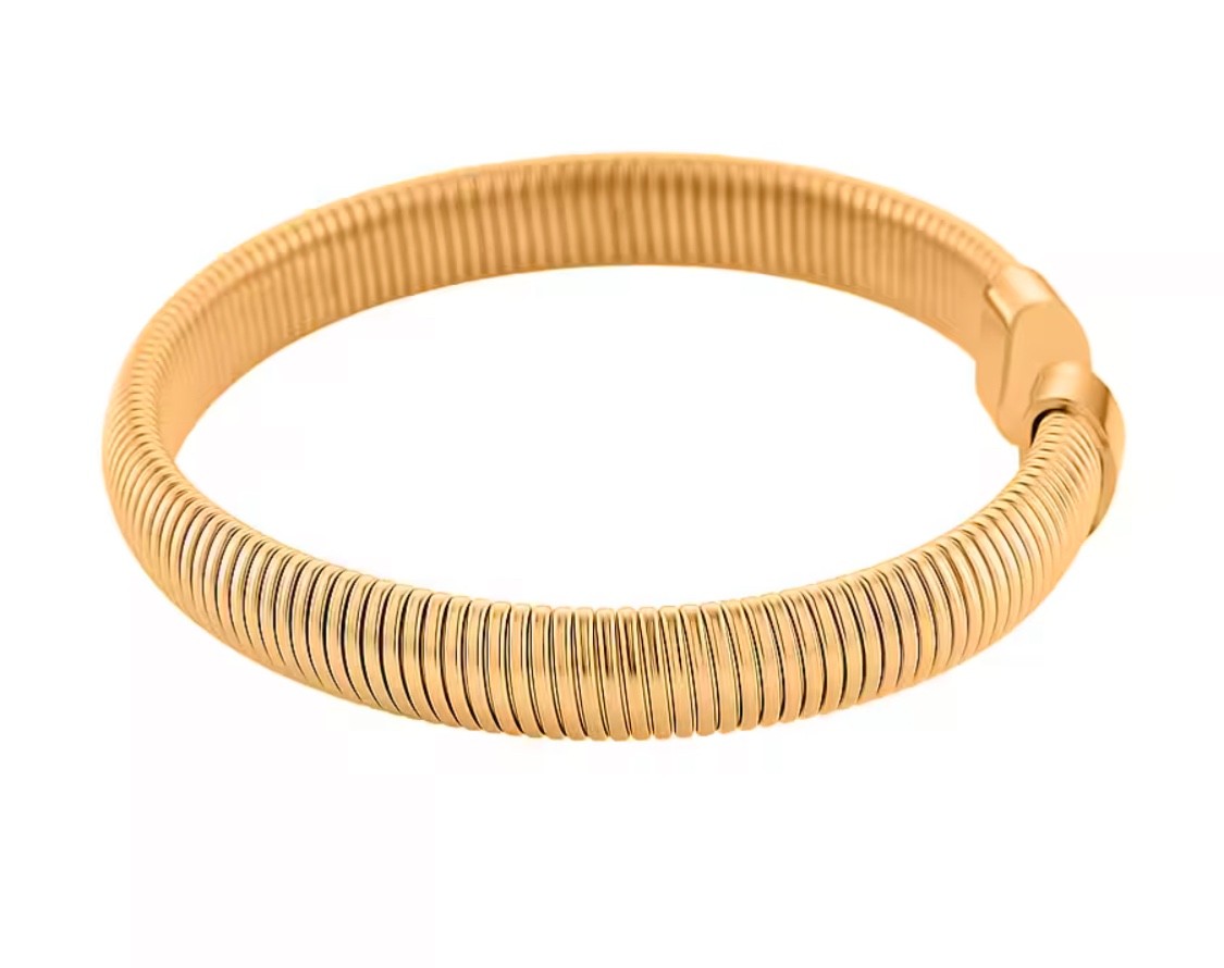 Designer Inspired Tubogas Adjustable Bangle in Gold Tone Pure Stainless Steel
