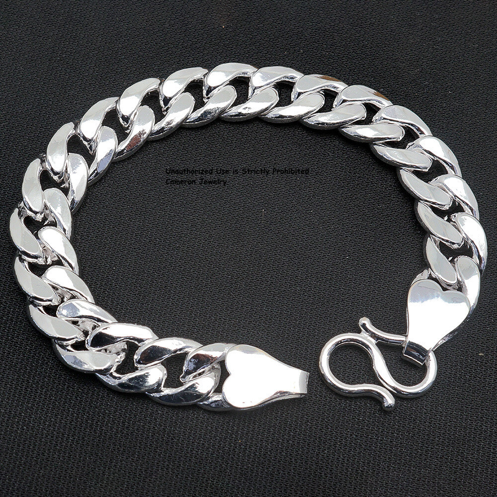 Solid S999 Fine Silver Chain Men 12mm Cuban Curb Link Bracelet 60-61g 8.26in
