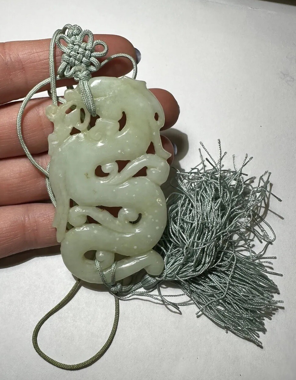 Carved Green Serpentine Jade Color Chinese Dragon Cord 28″ Necklace DA5