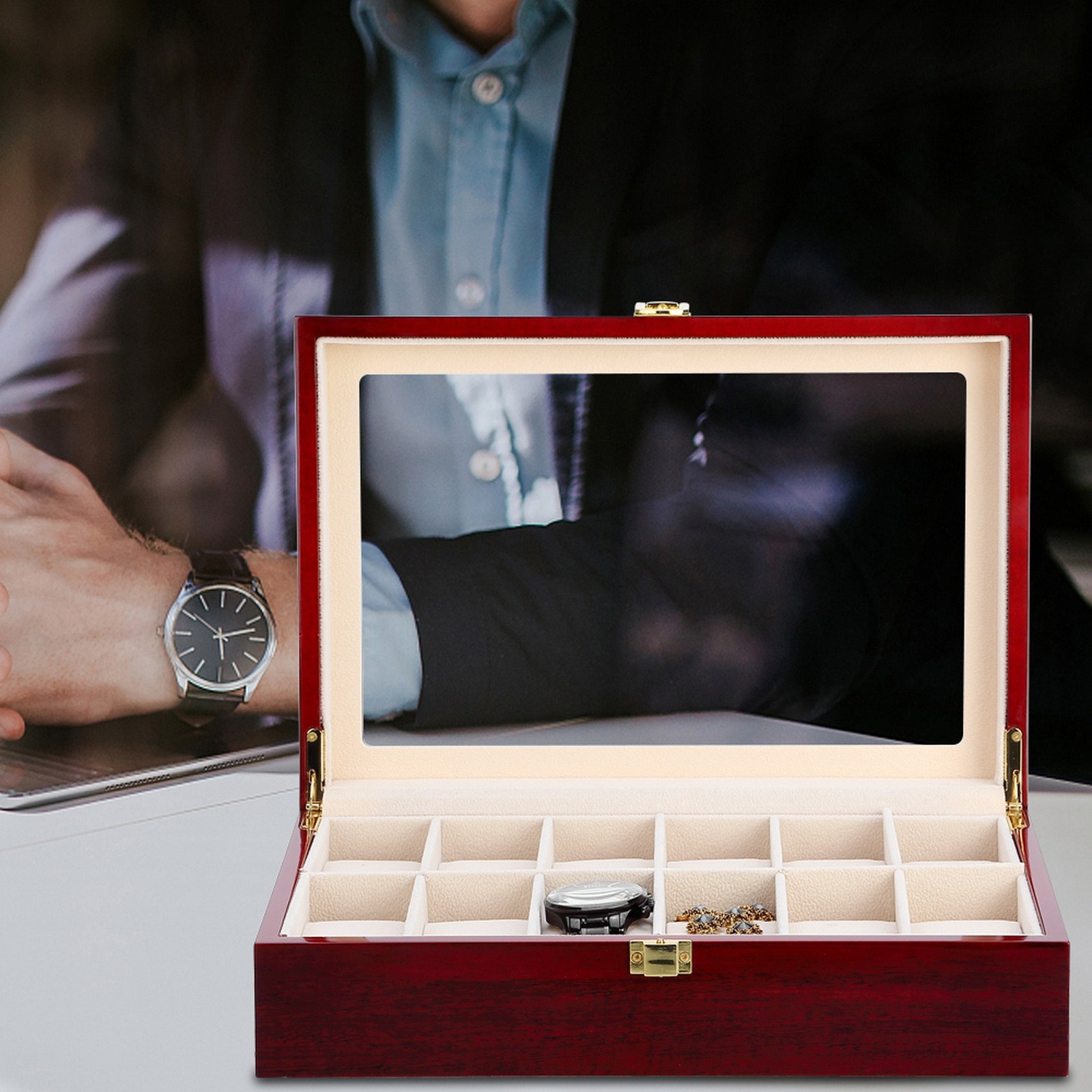 3/6/10/12 Slot Wooden Watch Box Glass Lid Jewelry Organizer Display Case Gift