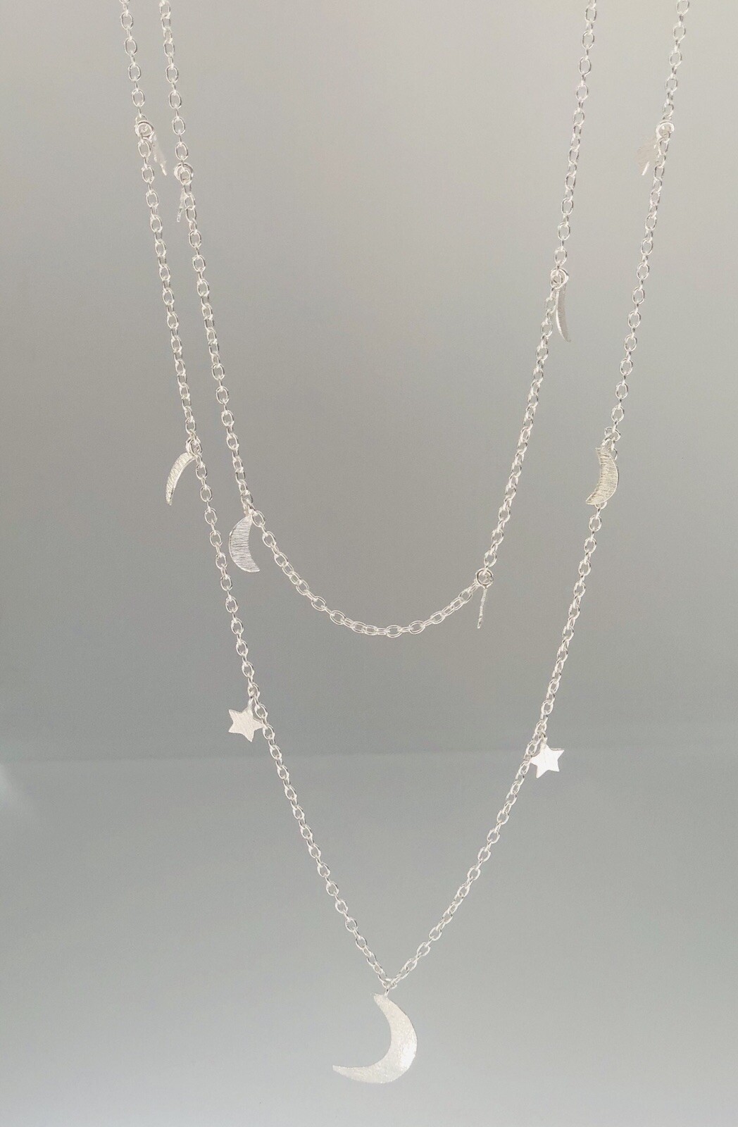 925 Sterling Silver Long Necklace With Noon Stars Brush Matte Finish