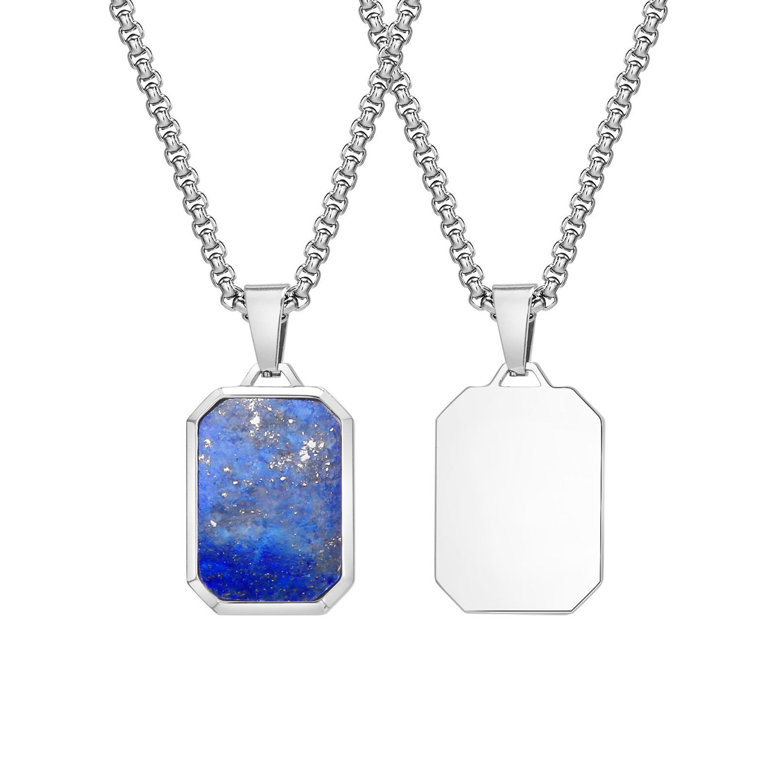 Stainless Steel Necklace Square Lapis Lazuli Pendant Tiger Eye Stone Premium
