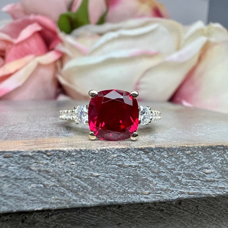 2.50 Ct Cushion Cut Sapphire/Ruby & Diamond Wedding Ring 14K White Gold Size 5