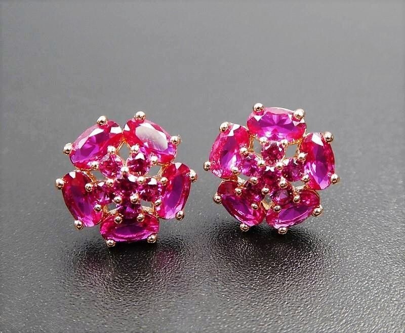 Rose Gold Plated Sparkling Hot Pink Fuchsia CZ 10mm Cute Flower Stud Earrings