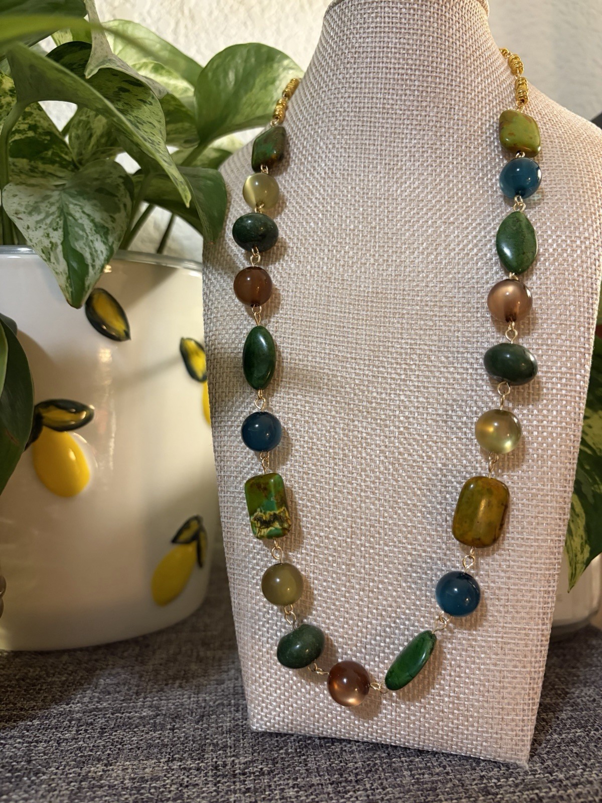 Handmade Glass Beaded Necklace Green Blue Brown Beads with Gold Tone Clasp