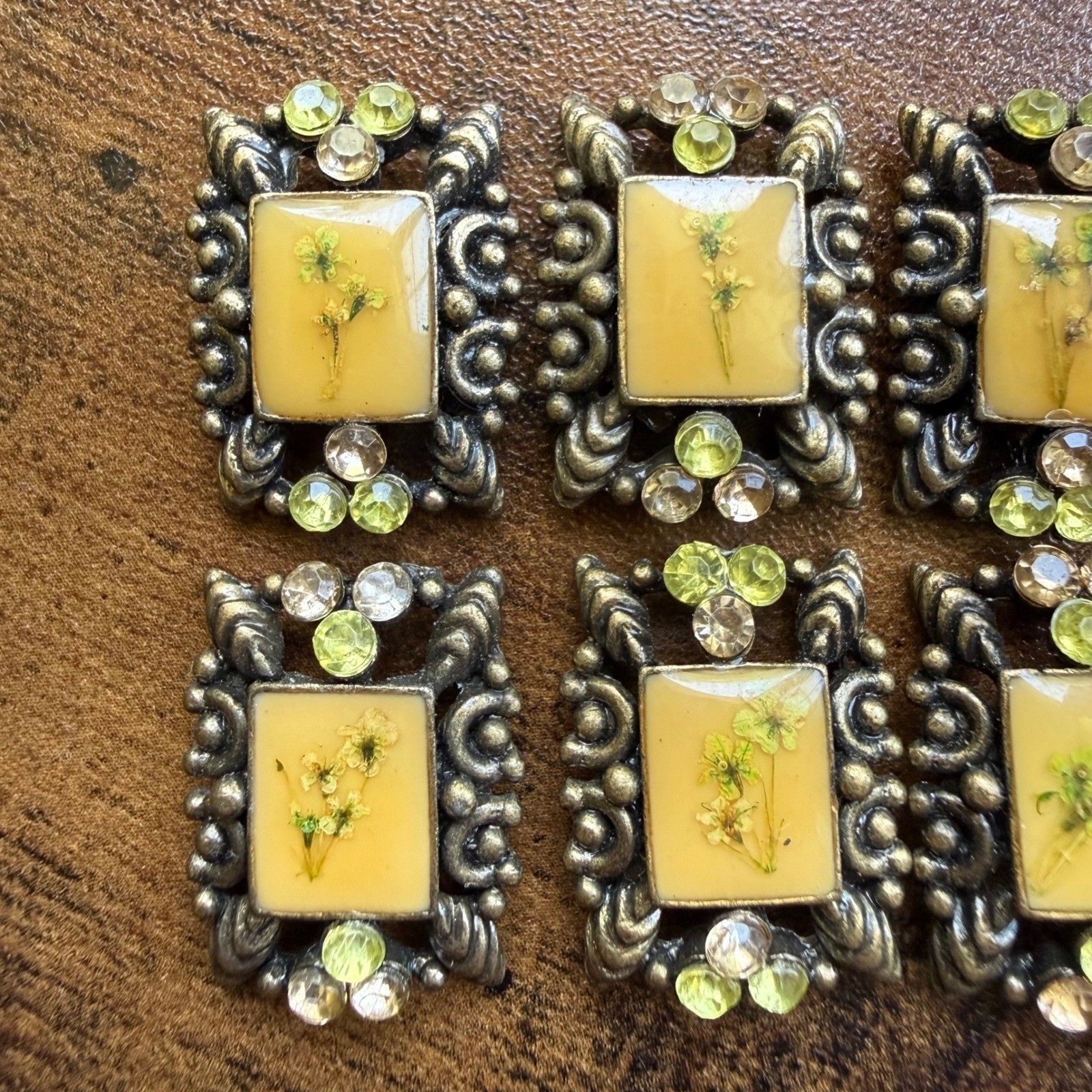 Lot 9 Vintage Ribbon Slide Brooches Dried Pressed Flower Resin Rhinestone