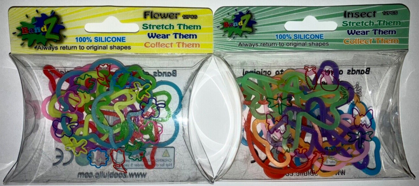 Silly Bandz 24 Flowers and Insect Shapes Elastic Bracelets 2 12 Packs BRAND NEW