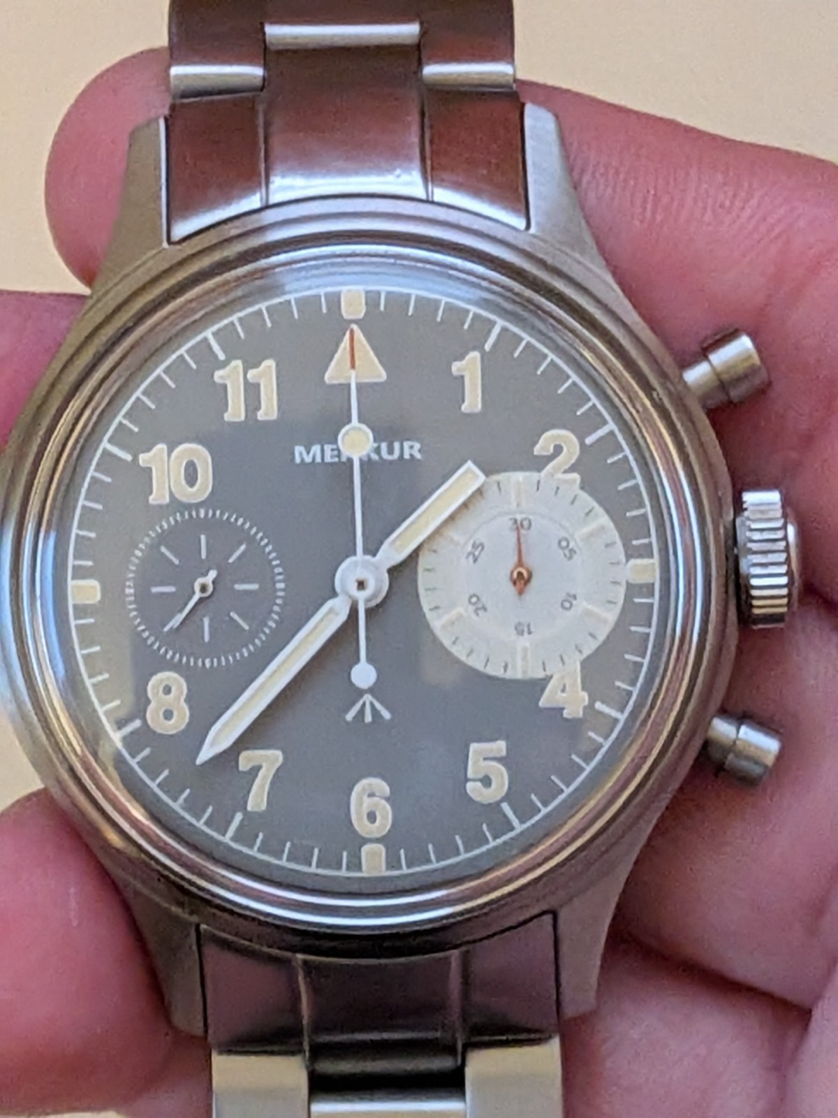 Merkur Big Eye Grey Seagull St 1901 mechanical chronograph watch with bracelet.