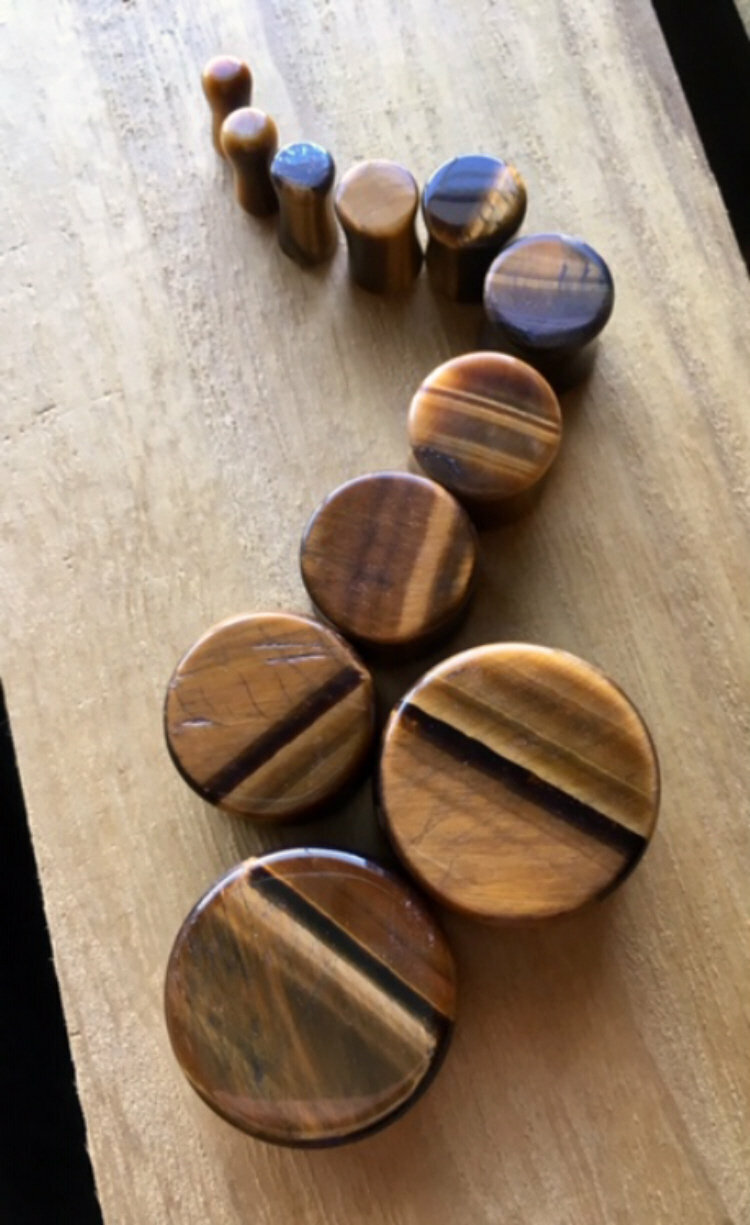 PAIR Yellow Tiger Eye Stone Plugs Gauges – 4mm (6g) to 25mm (1″) available!