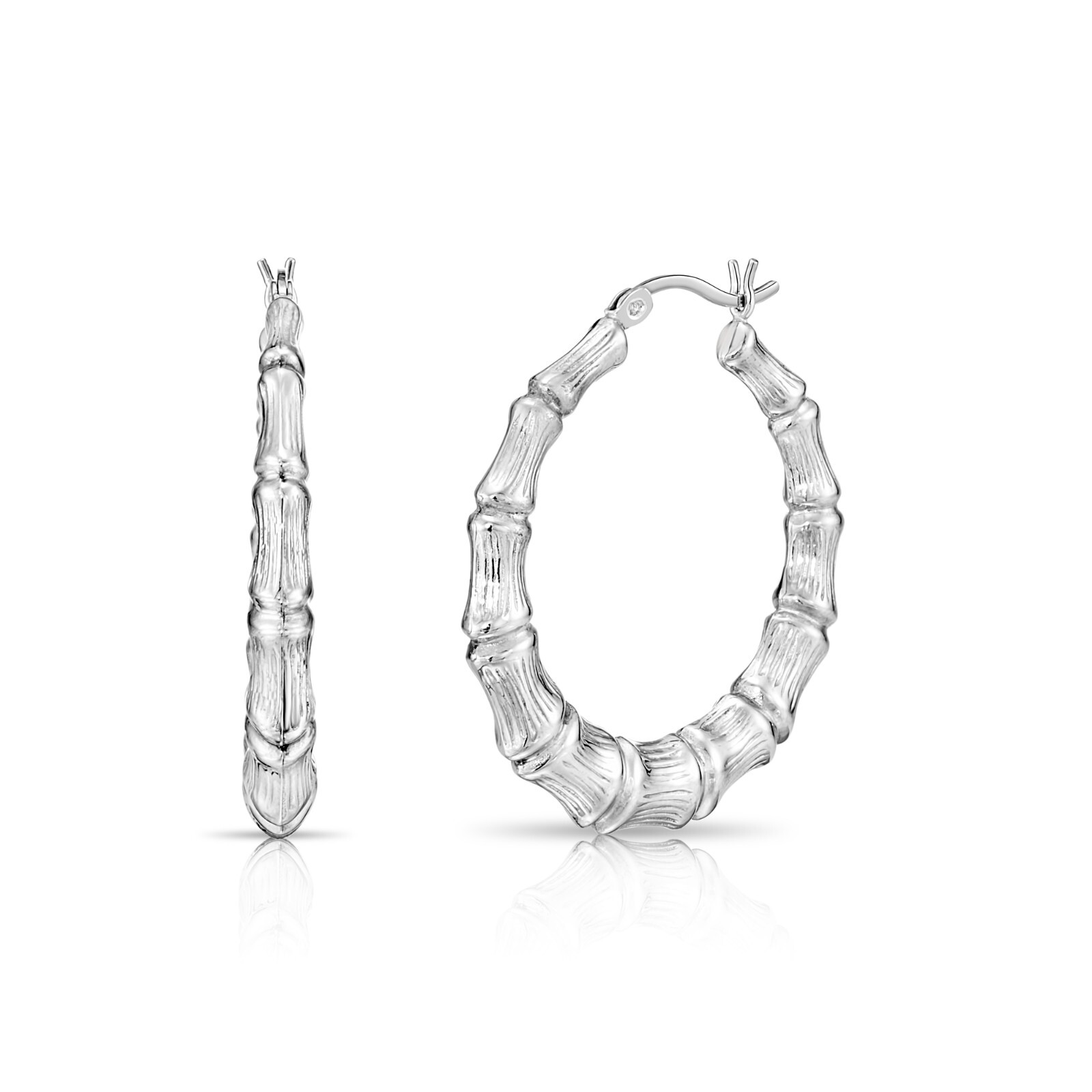925 Solid Sterling Silver Bamboo Texture Chunky Creole Hoop Earrings All Sizes