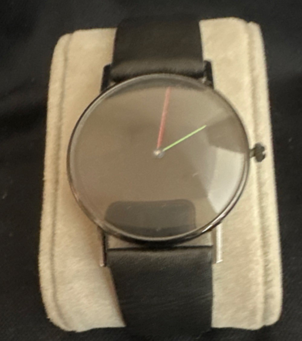 Vintage 1990 Ole Mathiesen Black Wristwatch, Red Green Hands Black Leather Band