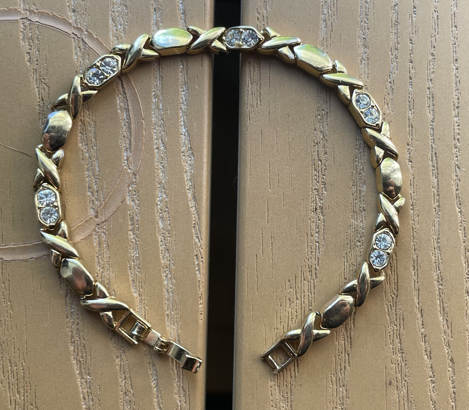 Vintage 14k Gold Plated Xoxo Hugs And Kisses Bracelet Fold over Clasp Rhinestone