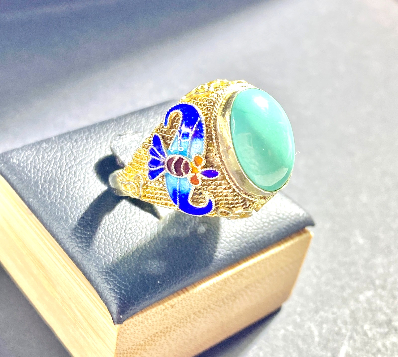 Vintage Chinese Export Silver Vermeil Turquoise & Enamel Adjustable Sized Ring
