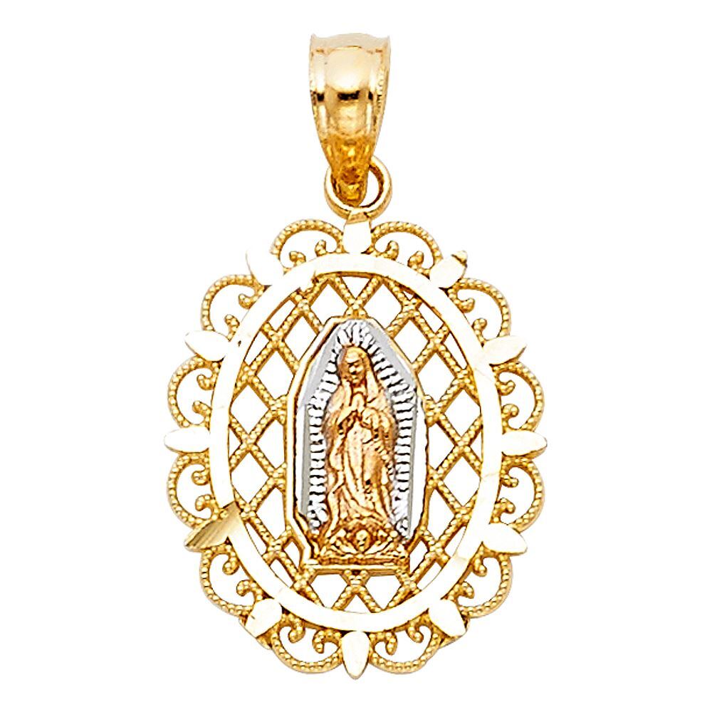 14K 3 Color Gold Guadalupe Charm Pendant & 1.2mm Singapore Chain Necklace