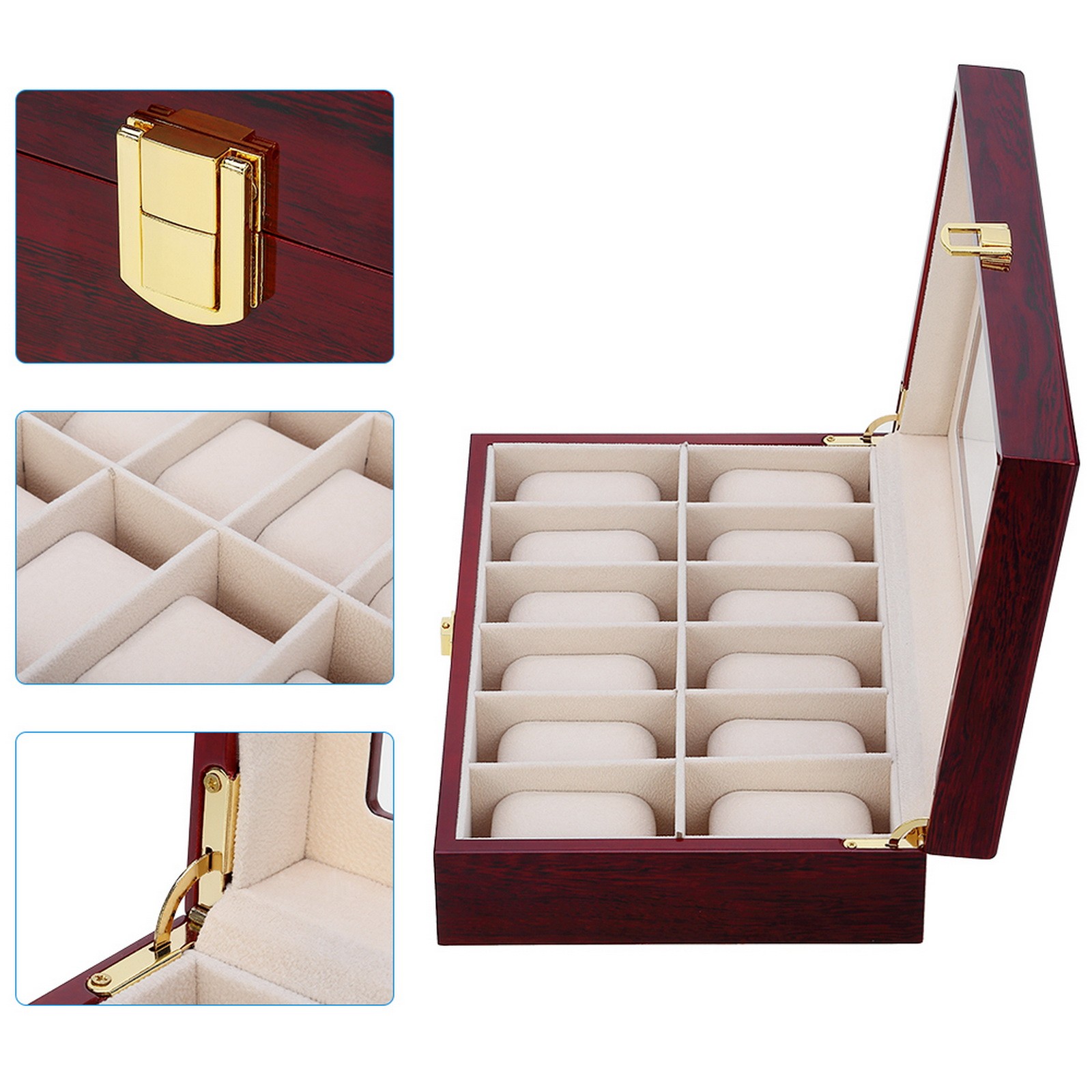 3/6/10/12 Slot Wooden Watch Box Glass Lid Jewelry Organizer Display Case Gift