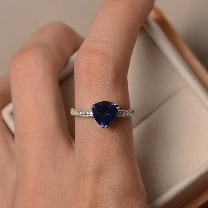 2.15 Ct Trilliant Natural Sapphire Diamond Engagement Ring 14K White Gold Size 8