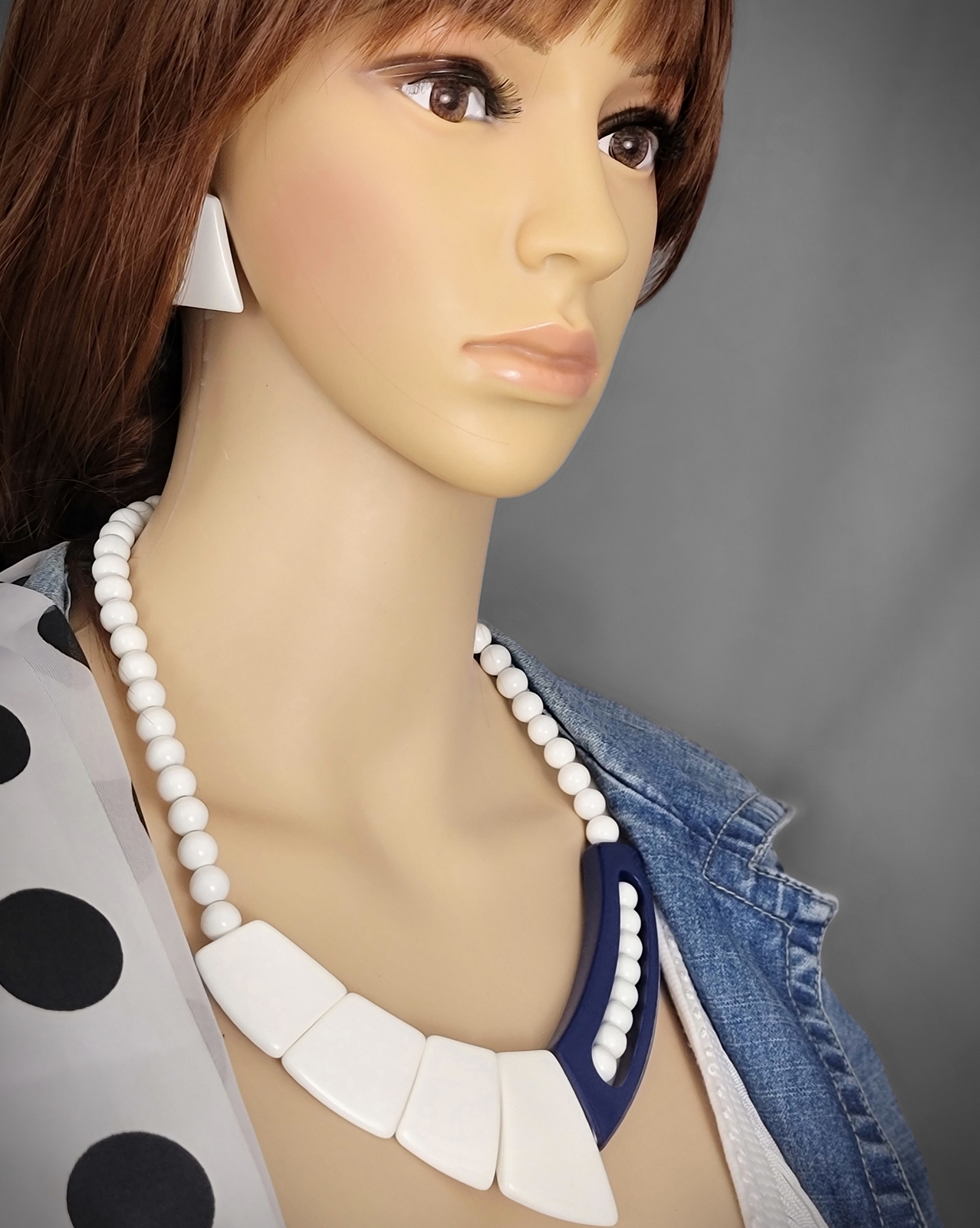 Navy Blue White Bead Geometric Necklace Earrings Vintage Women Jewelry Set 21″