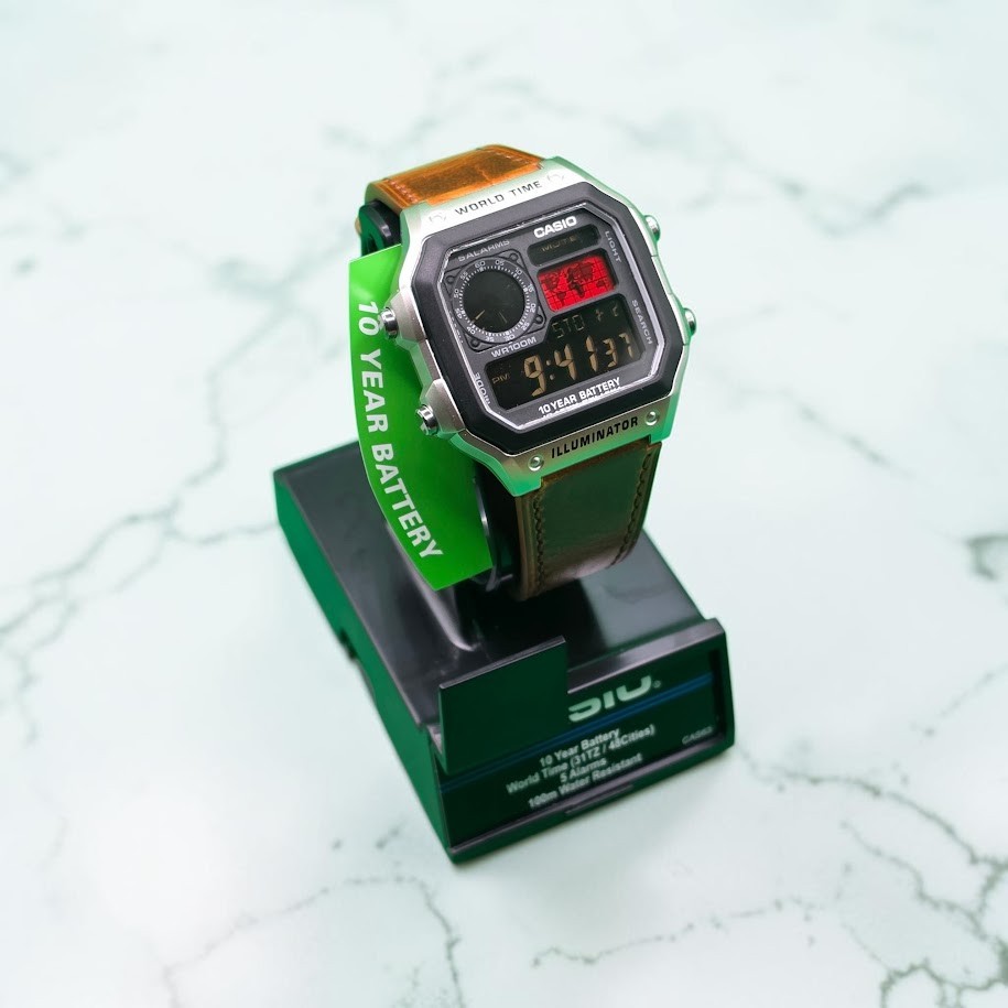 CASIO AE-1200WHD. Royale Watch Mod. Leather Band Negative Display. RED World Map