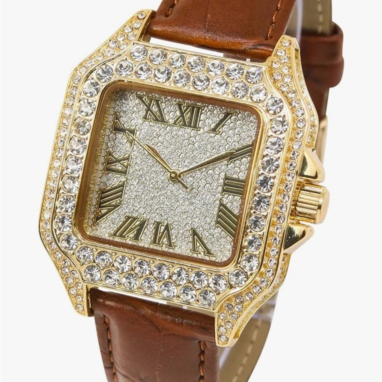 Bust Down Iced Out Hip Hop Watch Brown Silicone Strap VVS Diamond Gold Bling