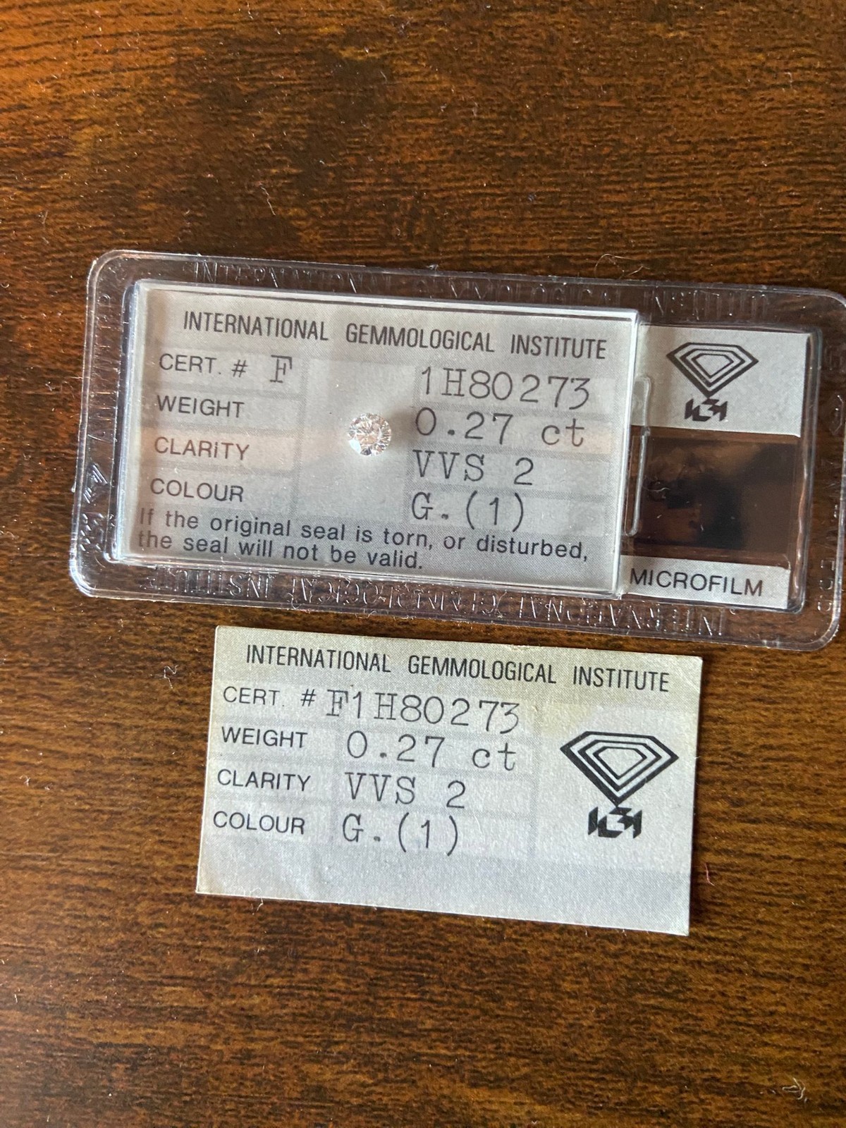 Vintage IGI Sealed Diamond 0.27ct G VVS2 – Investment Grade Antwerp 1985