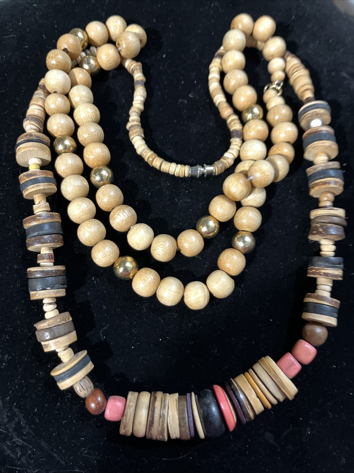 3 Earth Wood Tones Brown Ivory Beads Tribal Bohemian Statement Necklaces Chunky