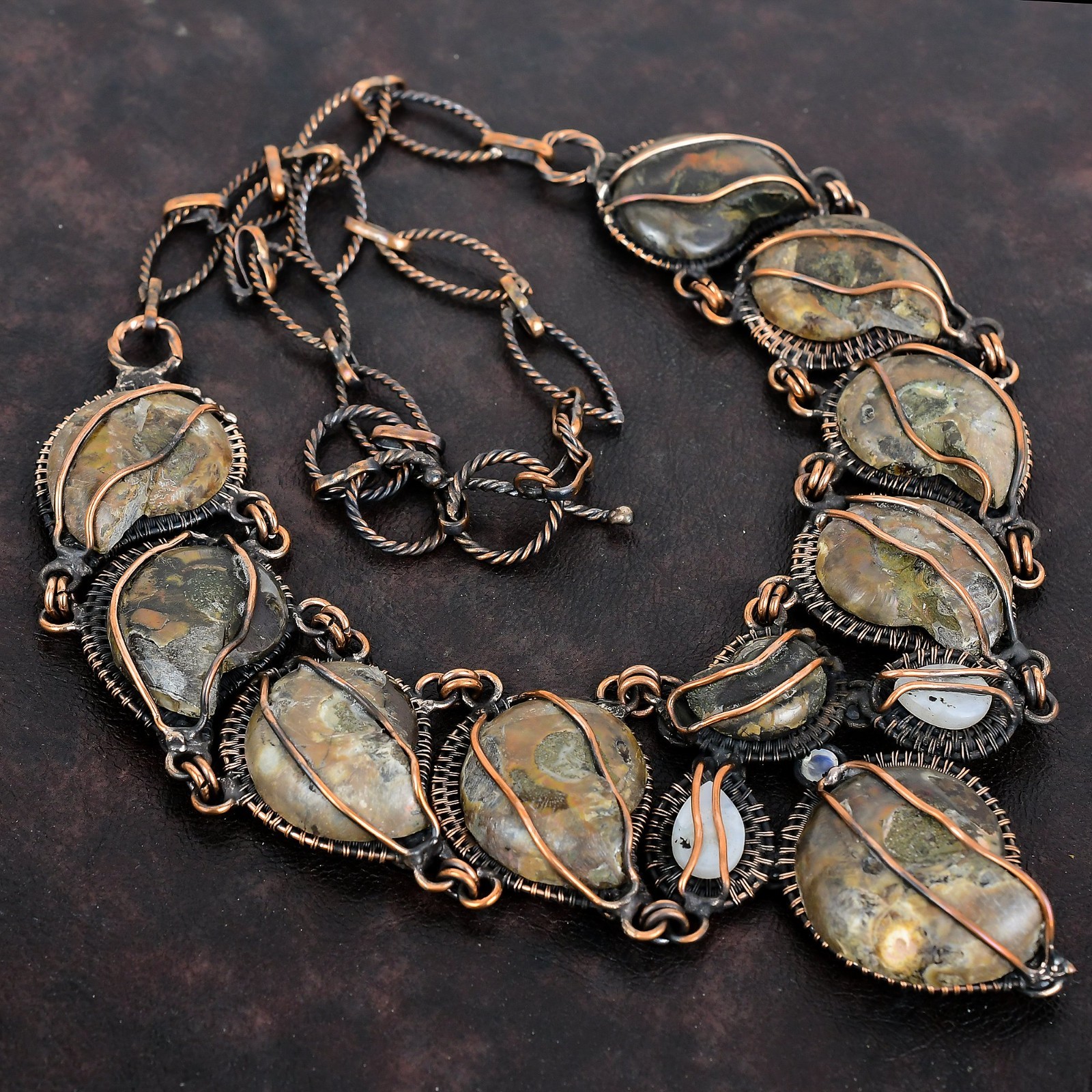 Ammonite Fossil Gemstone Necklace Copper Wire Wrap Moonstone Adjustable Necklace