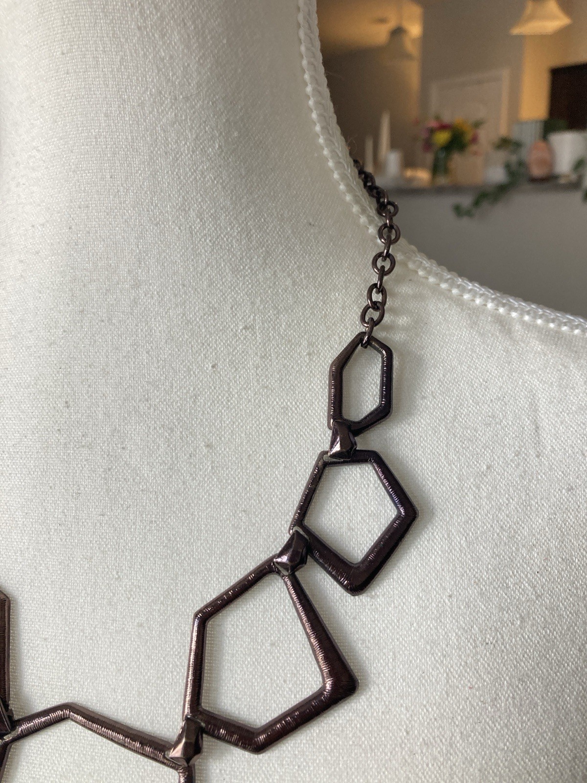 Bronze Tone Geometric Bib Necklace Open Pentagon Modernist Statement Abstract
