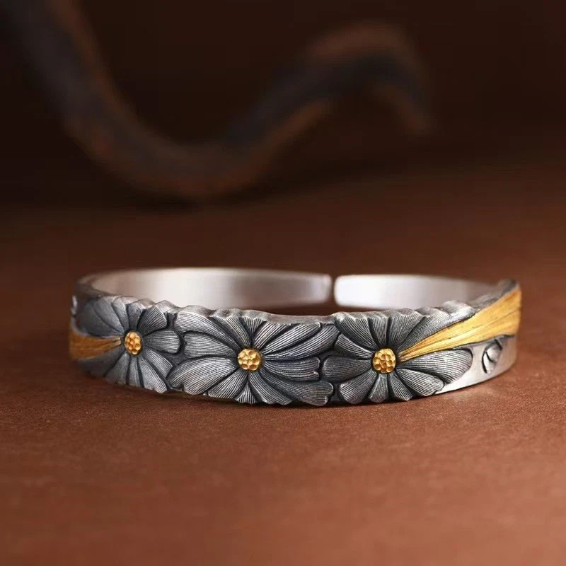Solid S999 Fine Silver Bracelet Women Unique Flower Open Bangle 57-58g ID58mm