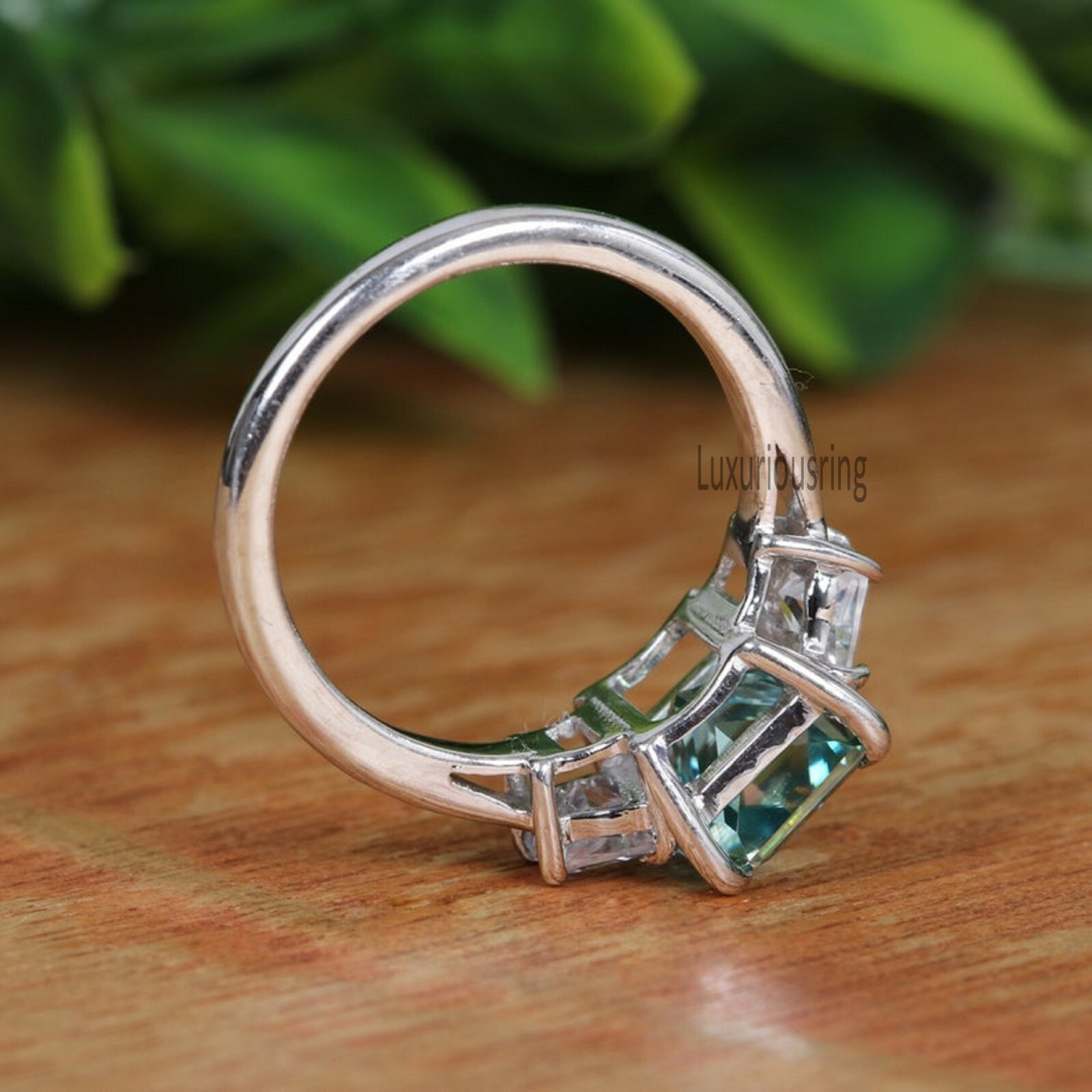 2.74 Ct Blue Green Radiant Cut Moissanite, 3 Stone Engagement Ring, 925 Silver