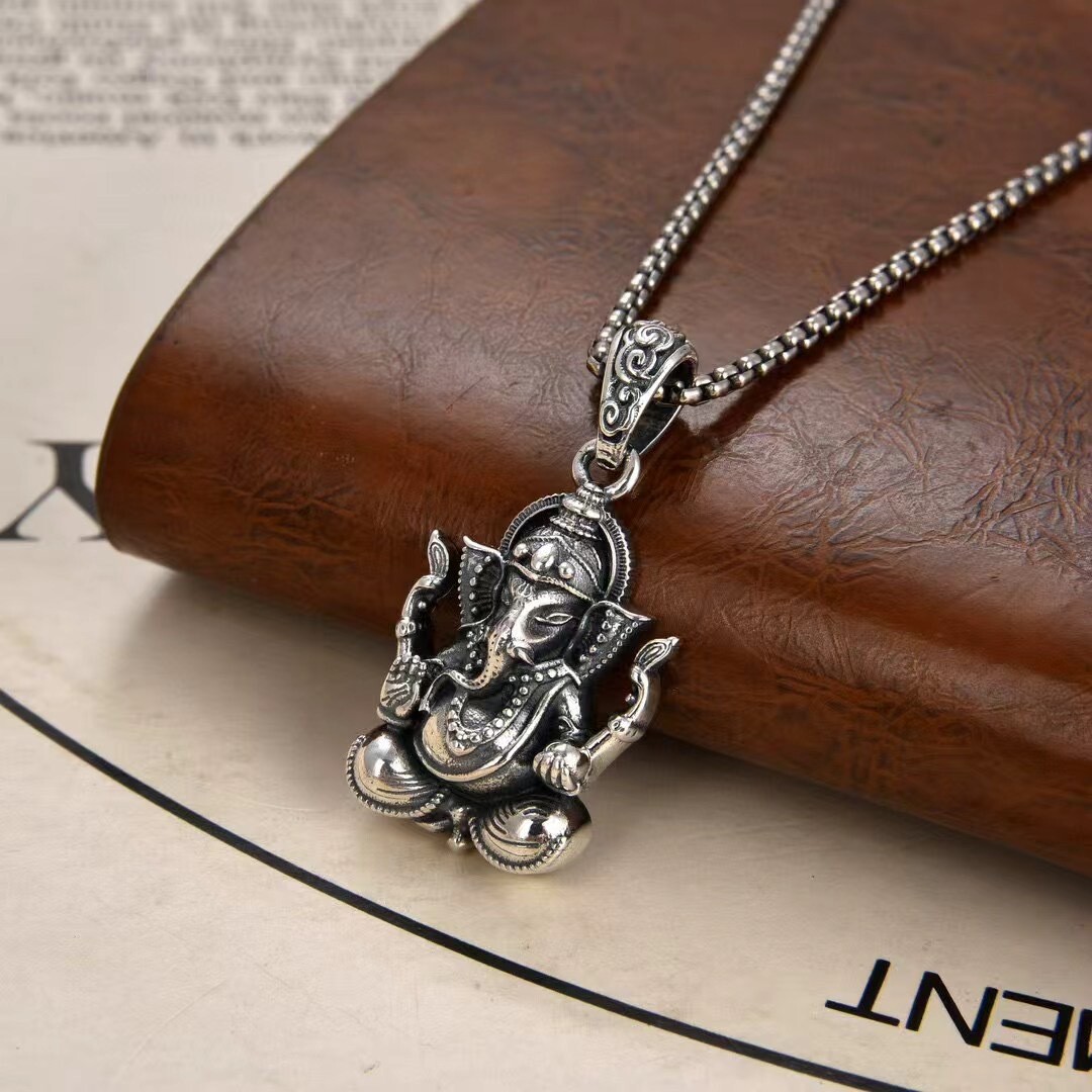 Luck Amulet Remover Obstacles S925 Thai Silver GANESHA Pendant Hindu God Good