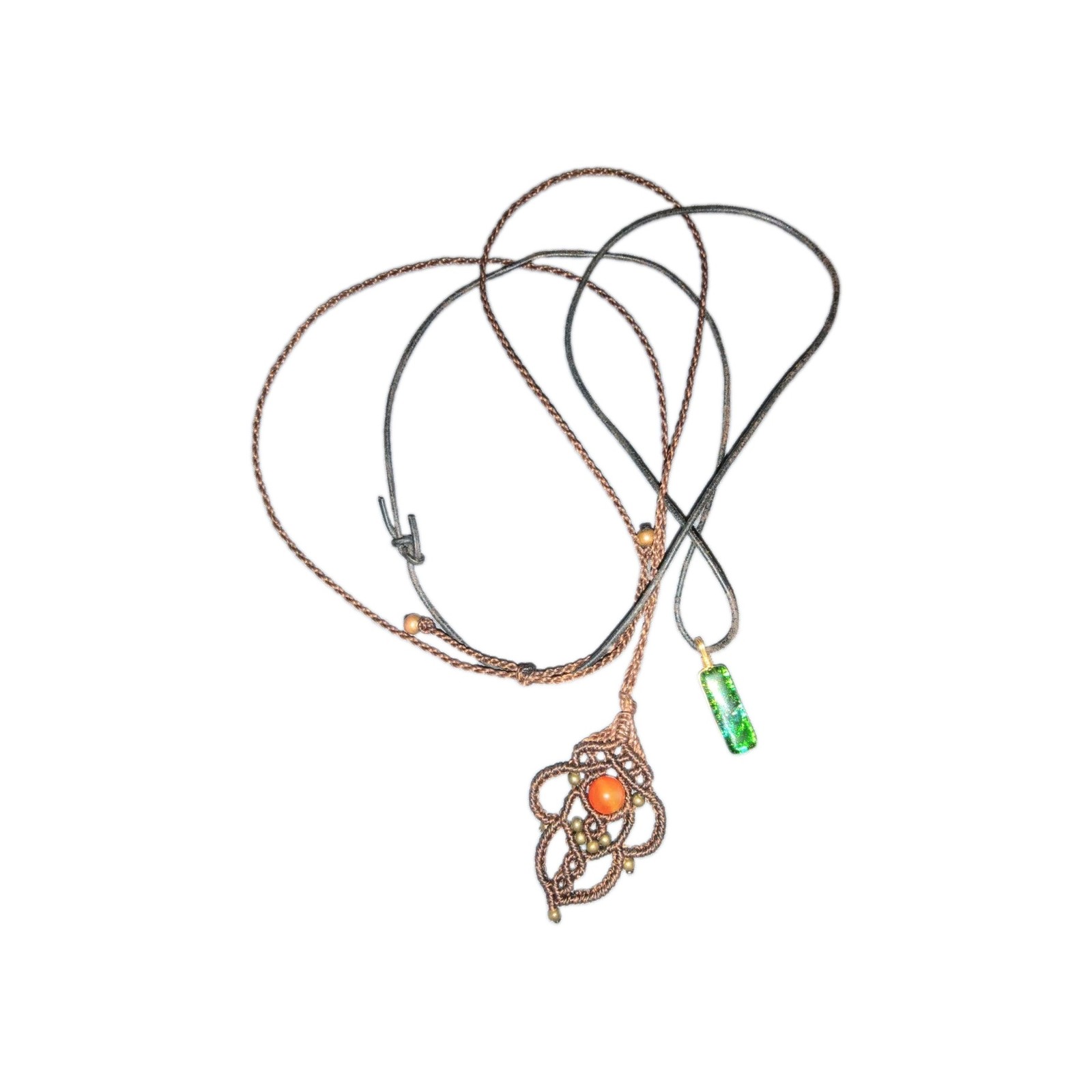 Set 2 Vintage Crochet Beaded Necklace & Green Resin Stone Pendant Necklace Boho