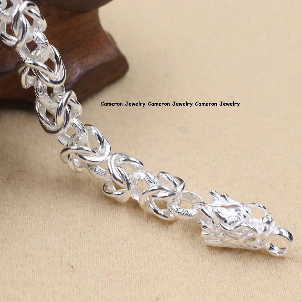 Pure S999 Fine Silver Dragon Head Chain Interlocking Link Bracelet 17-18g 8.26in