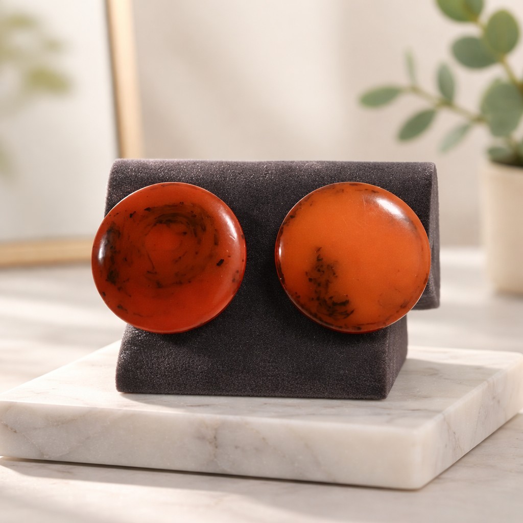 Genuine Bakelite Big Disc Button Post Earrings Orange Marbled Vintage