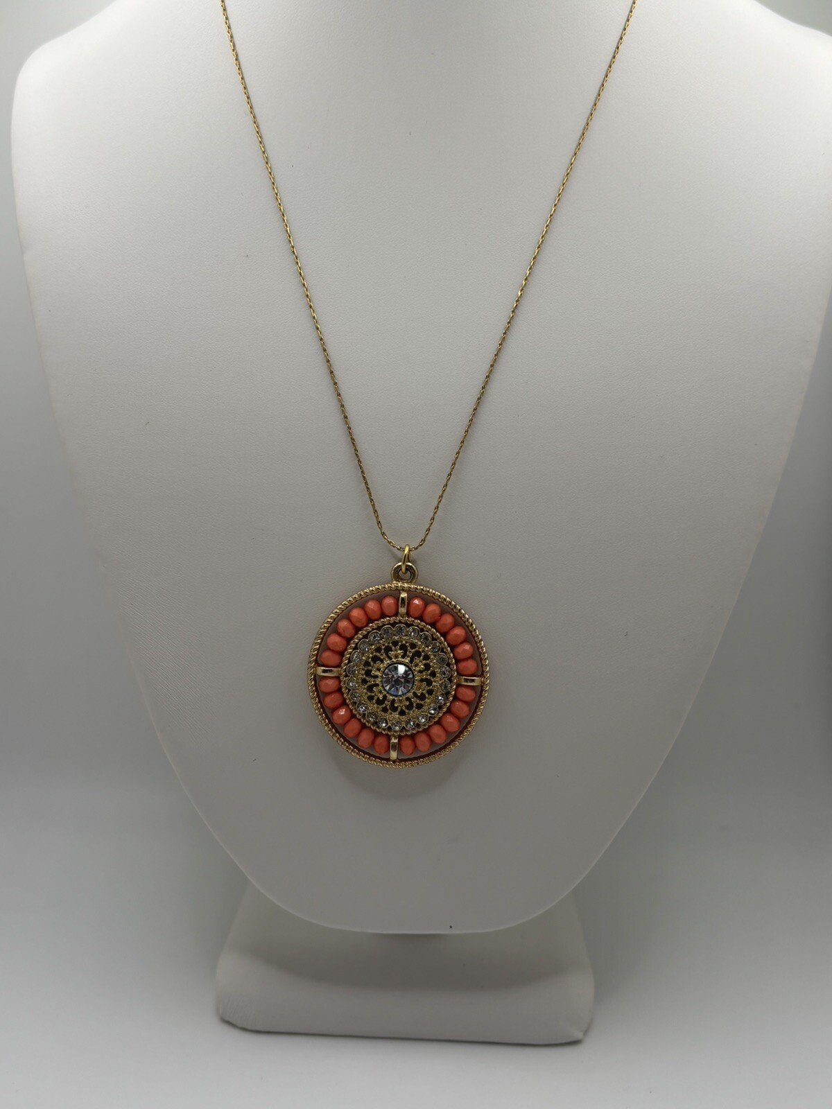 VTG Gold Tone Crystal Rhinstone Coral Medallion w/ Pearl Accent 18” Necklace