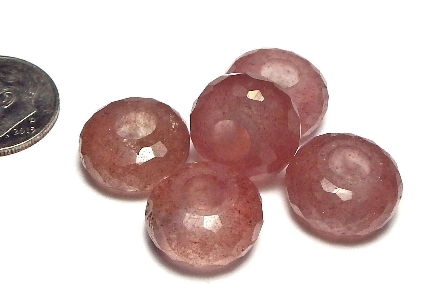 STRAWBERRY QUARTZ 14mm Faceted Rondelle Beads 5mm LARGE HOLE 2 pcs